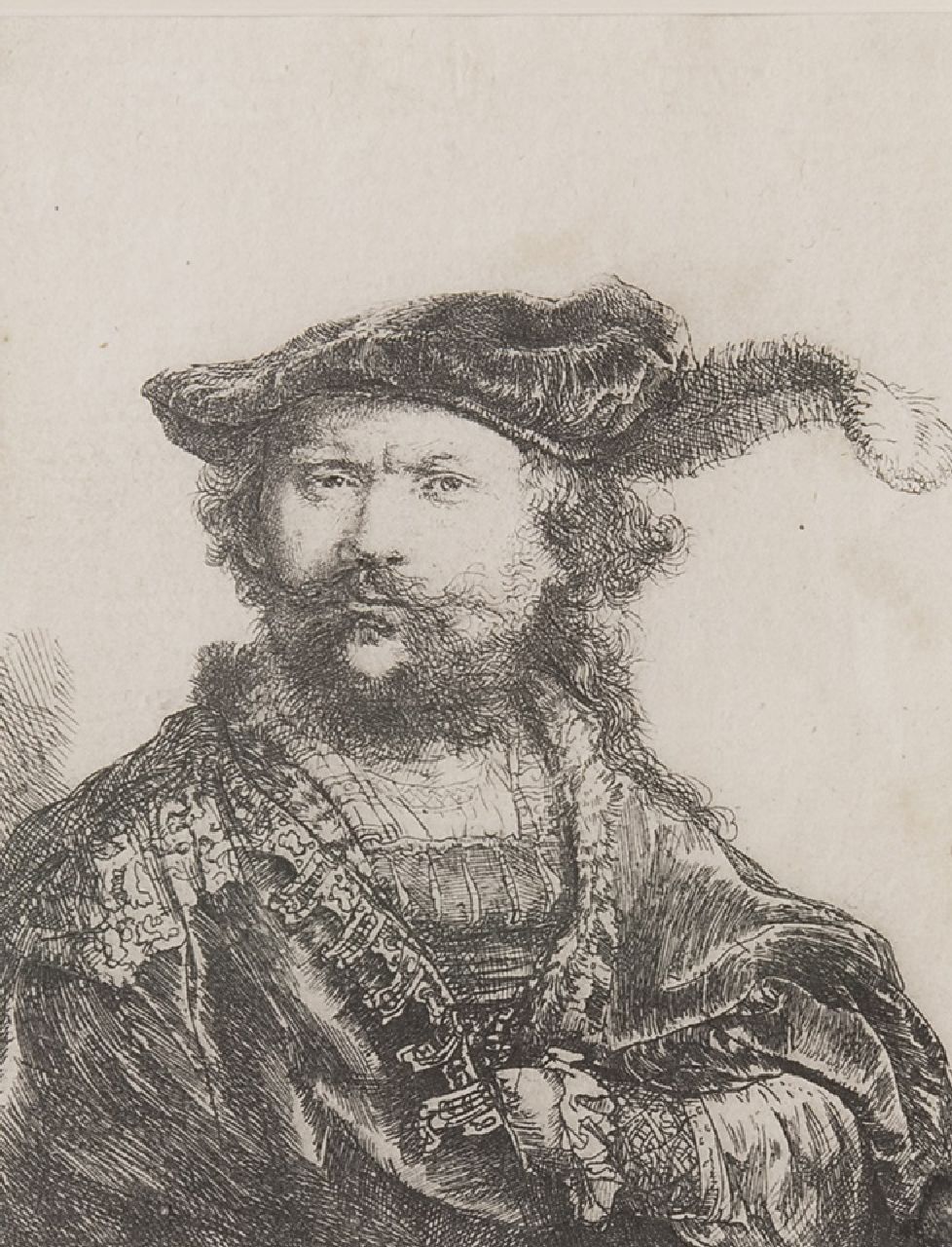 Rembrandt (Rembrandt Harmensz. van Rijn)   | Rembrandt (Rembrandt Harmensz. van Rijn), A self-portrait in a velvet cap with plume, etching on paper 13.4 x 10.3 cm