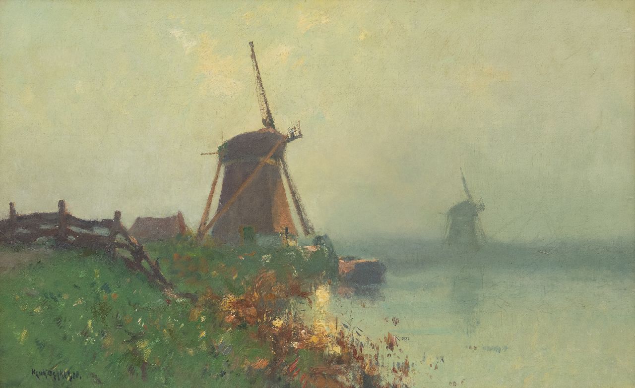 Dekker H.N.  | Henricus Nicolaas 'Henk' Dekker, Windmills in morning fog, oil on canvas 26.8 x 43.2 cm, signed l.l.