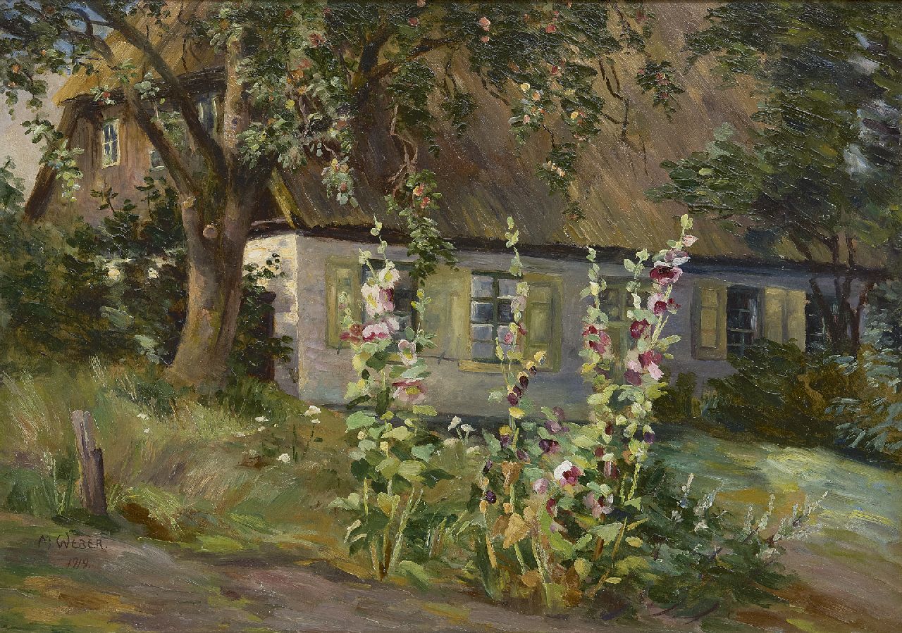 Weber M.  | Marie Weber | Paintings offered for sale | Hollyhocks on a farmyard, oil on board 34.8 x 49.8 cm, signed l.l. and with stamp on label on the reverse and dated 1919