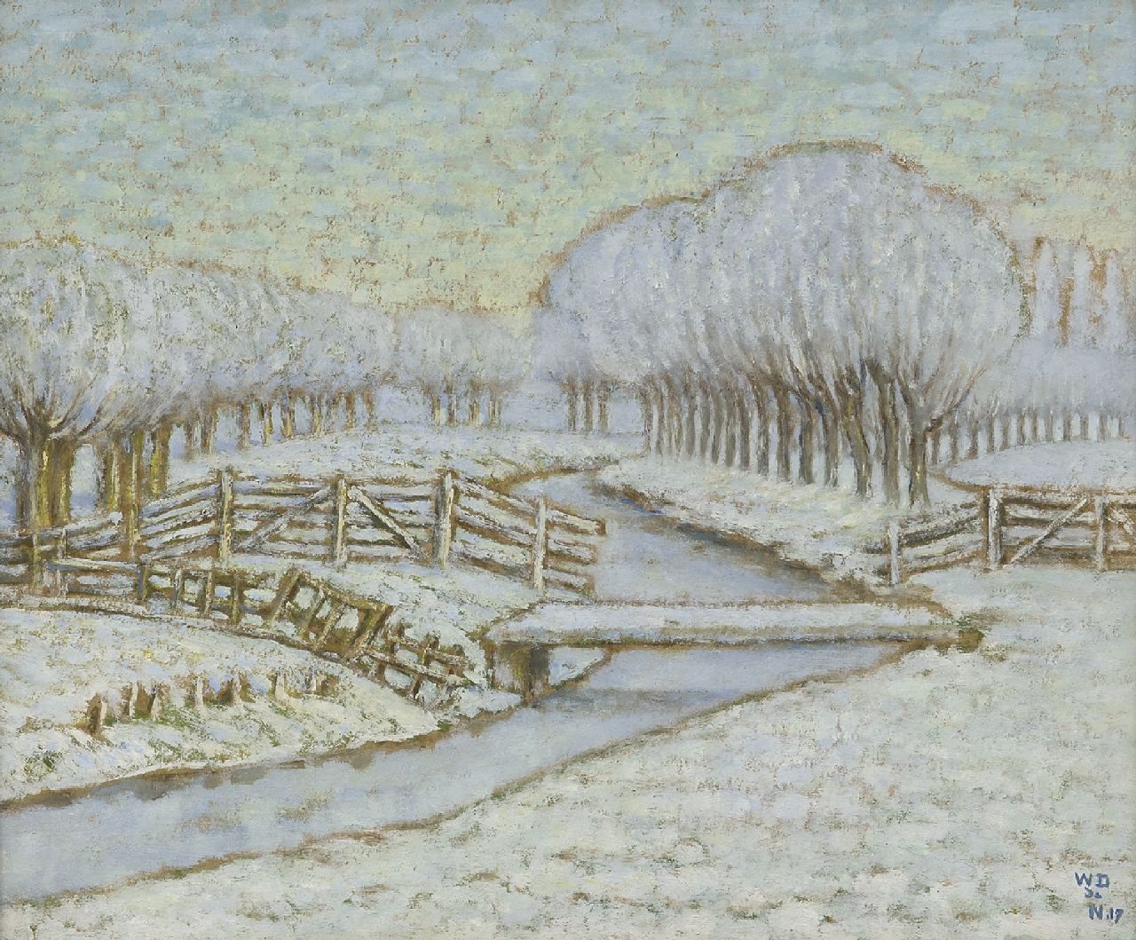 Degouve de Nuncques W.  | William Degouve de Nuncques, Trees in a snowy Dutch landscape, oil on board 31.3 x 37.7 cm, signed l.r. with initials and dated '17
