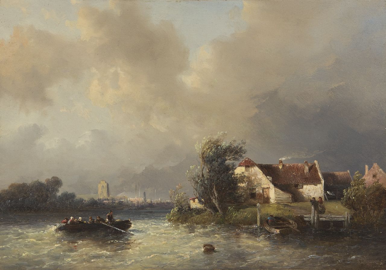 Verveer S.L.  | 'Salomon' Leonardus Verveer | Paintings offered for sale | A ferry on a choppy river, the Grote Kerk of Dordrecht in the distance, oil on panel 20.8 x 29.6 cm, signed l.r. and dated '51