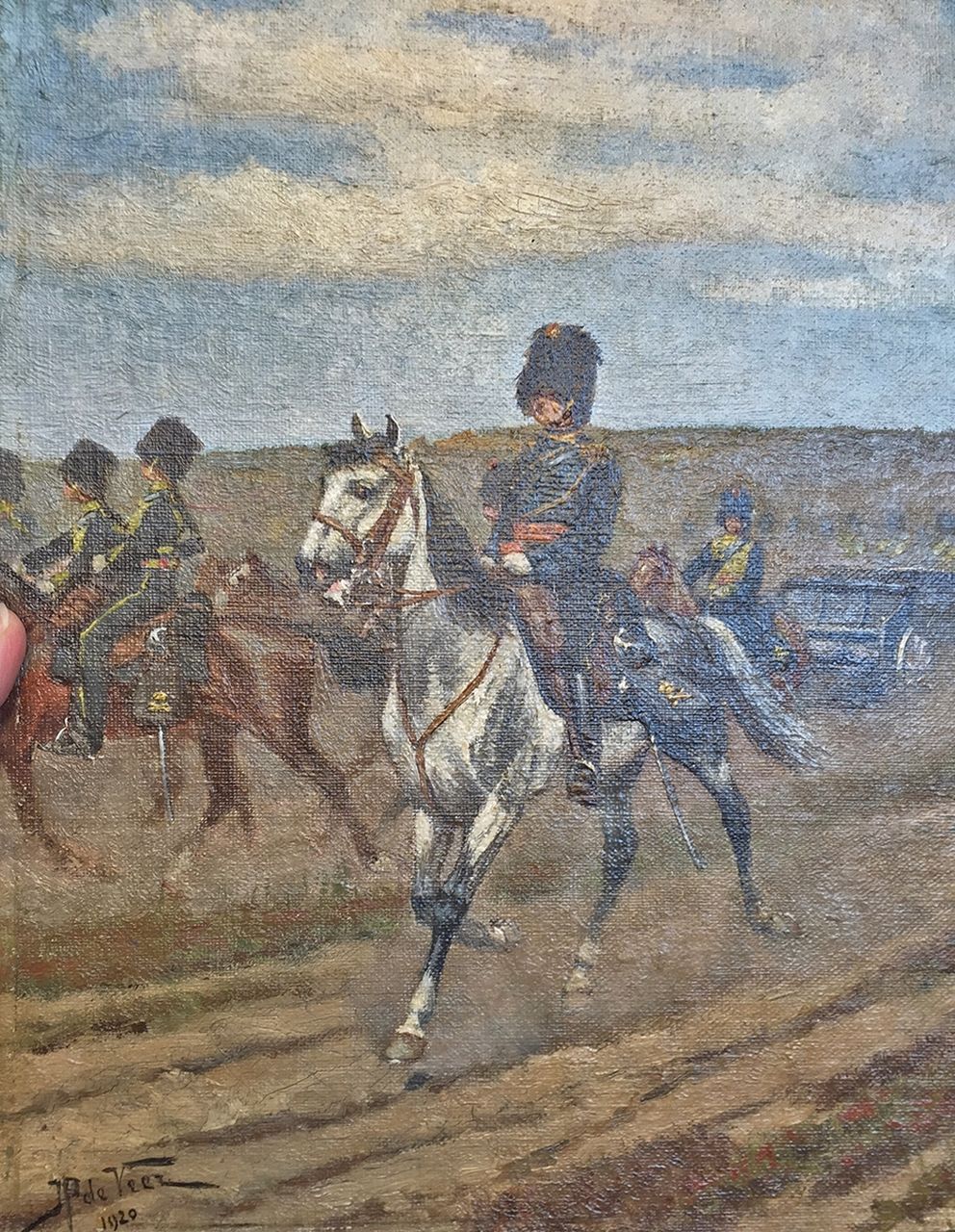 Veer J.P. de | Justus Pieter de Veer, Cavalrymen, oil on canvas laid down on board 30.0 x 25.0 cm, signed l.l. and dated 1920