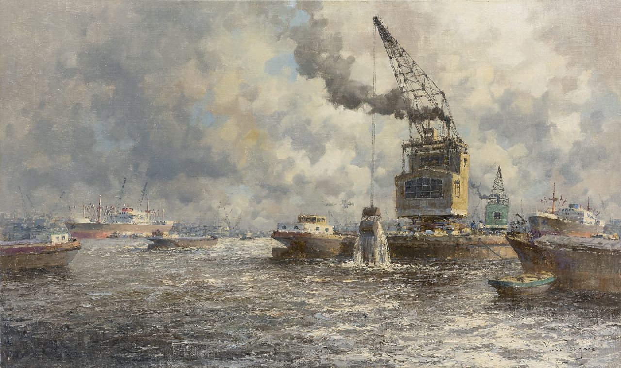 Drulman M.J.  | Marinus Johannes Drulman, Shipping on the Nieuwe Maas, Rotterdam, oil on canvas 60.3 x 100.8 cm, signed l.r. with pseudonym 'M. de Jongere'