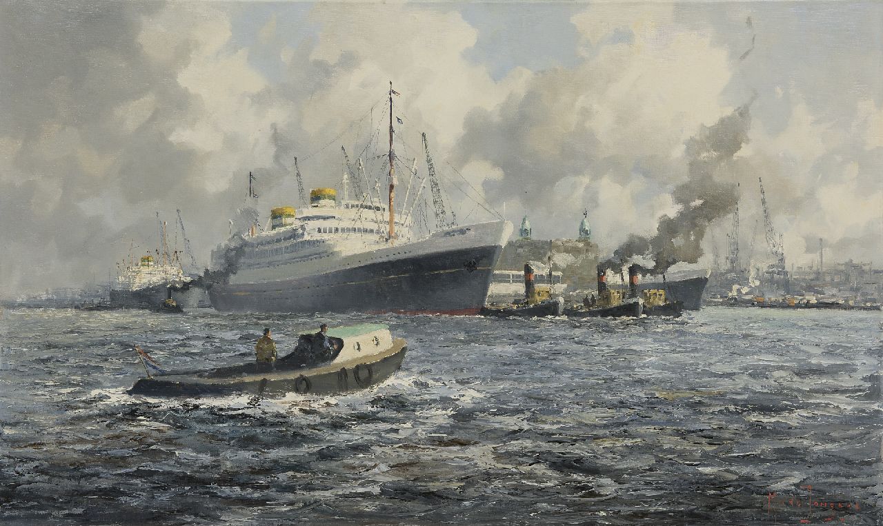 Drulman M.J.  | Marinus Johannes Drulman, Ocean liners of the HAL in the harbour of Rotterdam, oil on canvas 60.1 x 100.1 cm, signed l.r. with pseudonym 'M. de Jongere'