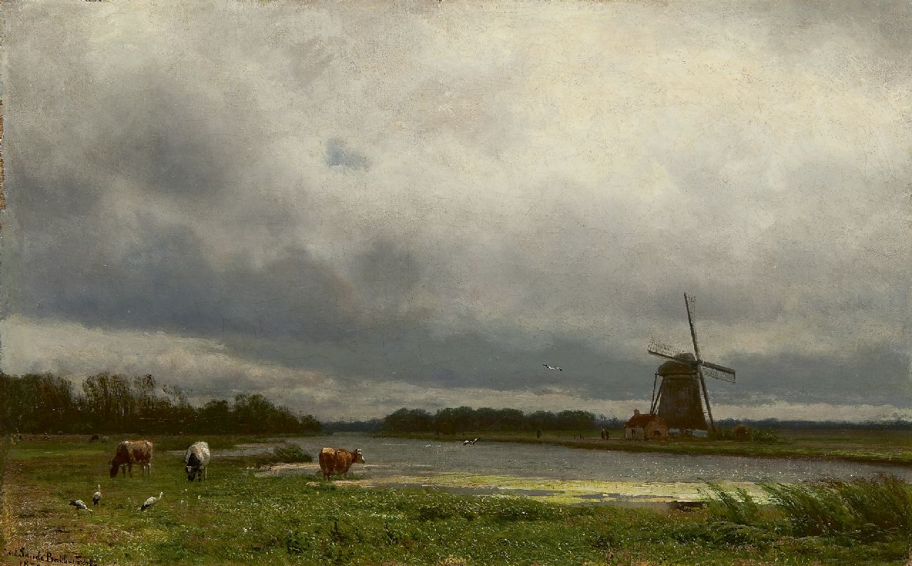 Sande Bakhuyzen J.J. van de | Julius Jacobus van de Sande Bakhuyzen, A polder landscape with cattle and a windmill, oil on canvas 36.7 x 57.4 cm, signed l.l. and dated 187[0?]