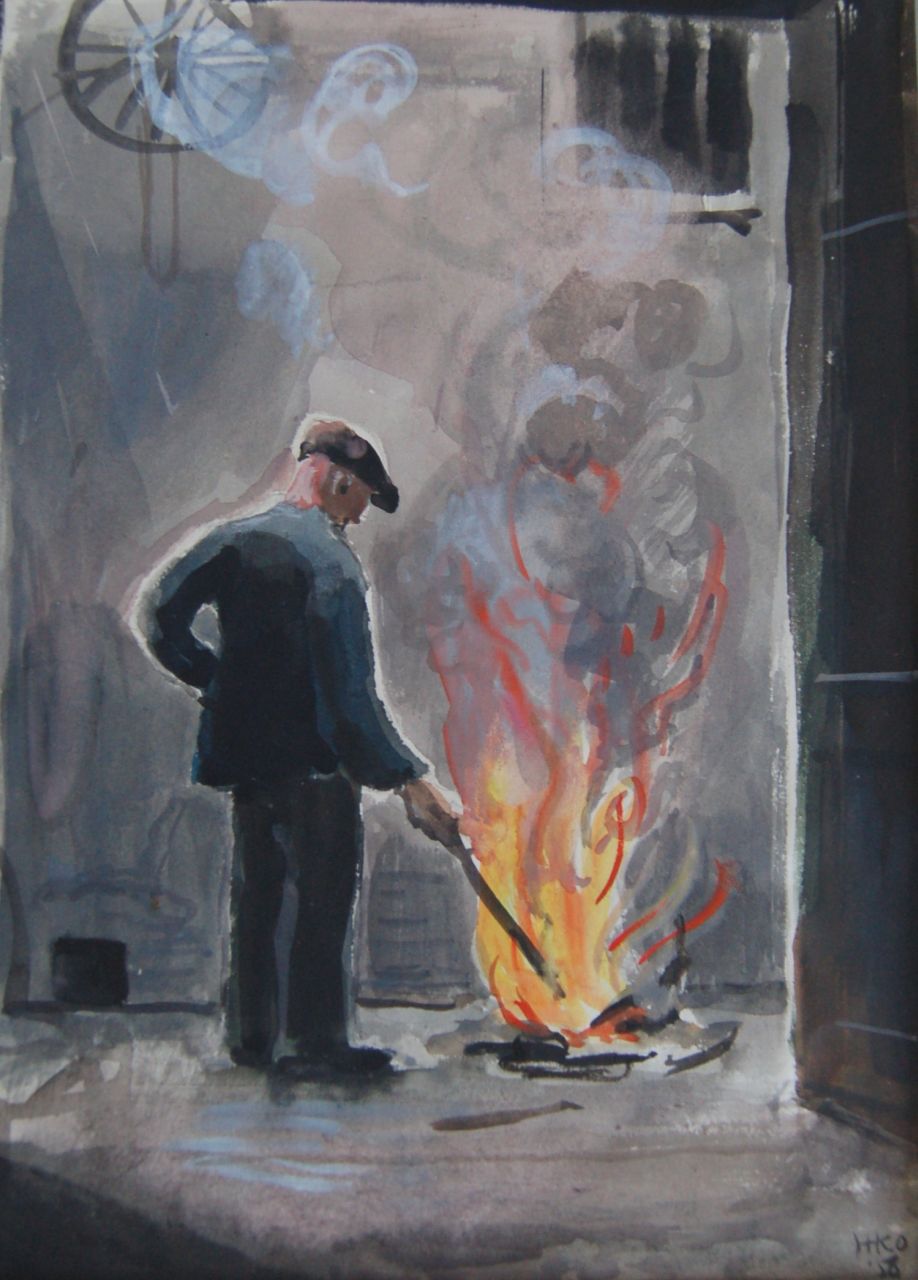 Kamerlingh Onnes H.H.  | 'Harm' Henrick Kamerlingh Onnes, A factory worker at a fire, watercolour on paper 28.0 x 19.0 cm, signed l.r. with monogram and dated '58