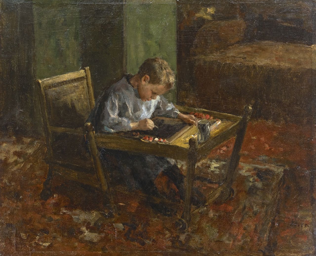 Kever J.S.H.  | Jacob Simon Hendrik 'Hein' Kever, Doing homework, oil on canvas 54.2 x 66.3 cm, signed l.r.