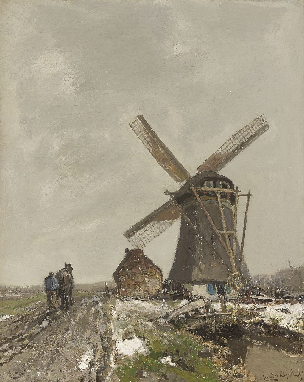 Apol L.F.H.  | Lodewijk Franciscus Hendrik 'Louis' Apol, A farmer near a the Laakmolen at The Hague, oil on canvas 52.3 x 42.0 cm, signed l.r.