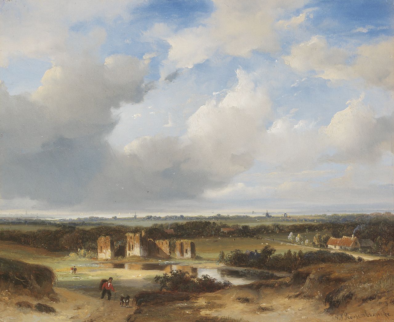 Roosenboom N.J.  | Nicolaas Johannes Roosenboom, A view of the ruins of Brederode and the Wijkermeer, oil on panel 26.9 x 32.8 cm, signed l.r.