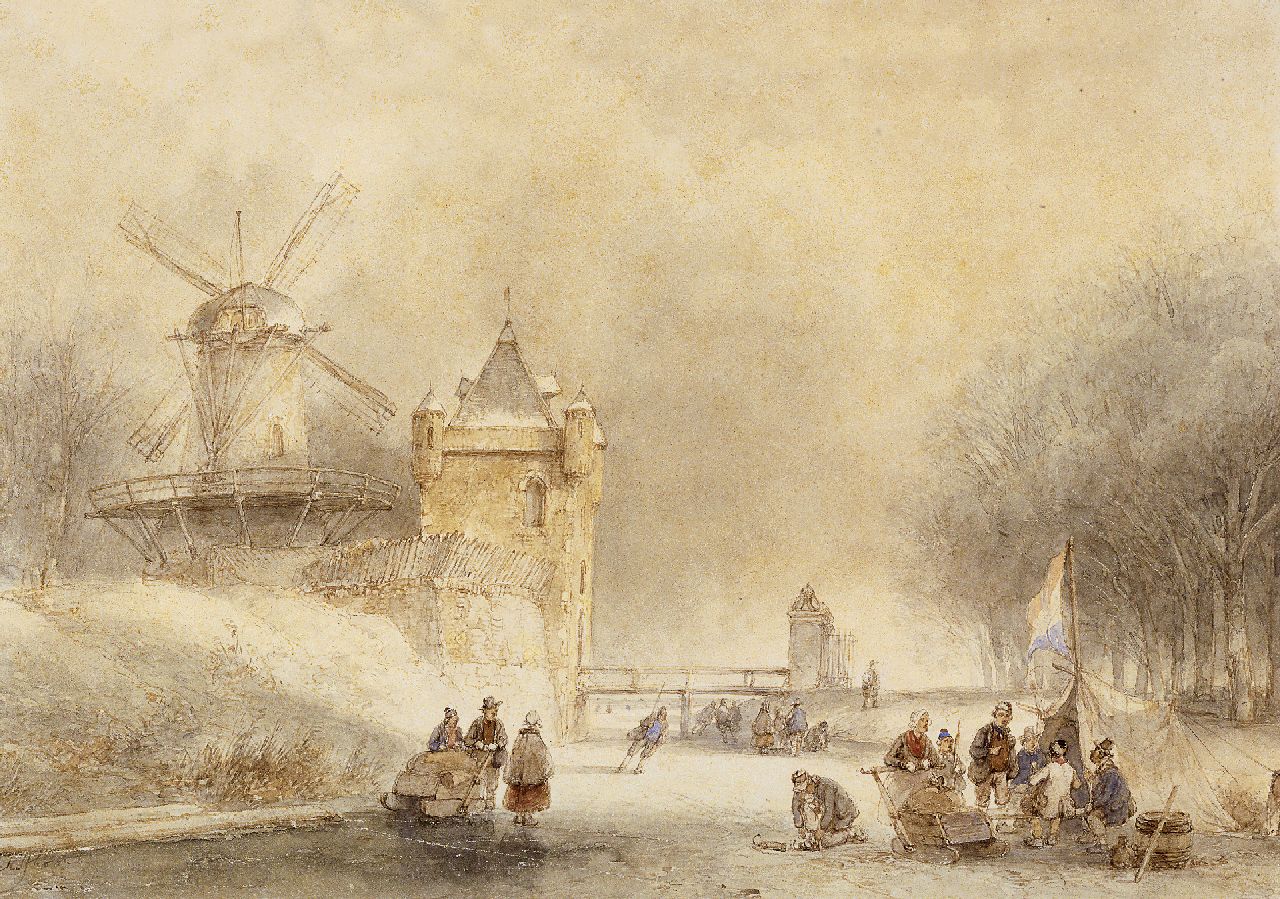 Schelfhout A.  | Andreas Schelfhout, Skaters and other figures near a koek and zopie, pen, ink and watercolour on paper 21.9 x 29.0 cm, signed l.l.