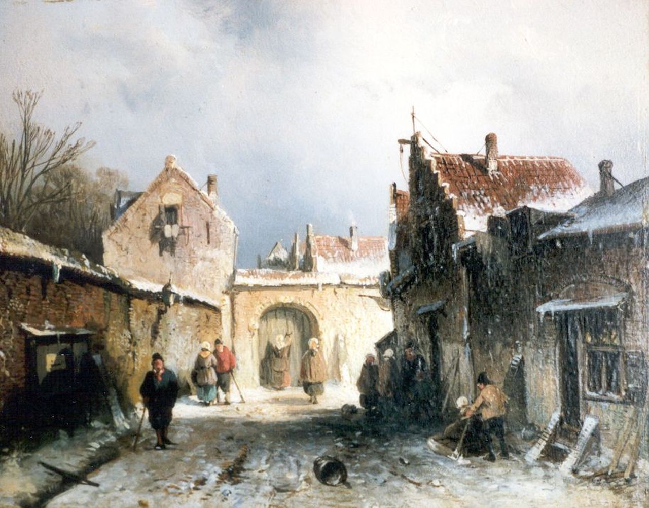 Leickert C.H.J.  | 'Charles' Henri Joseph Leickert, A snow-covered street, oil on panel 15.0 x 19.0 cm, signed l.l.