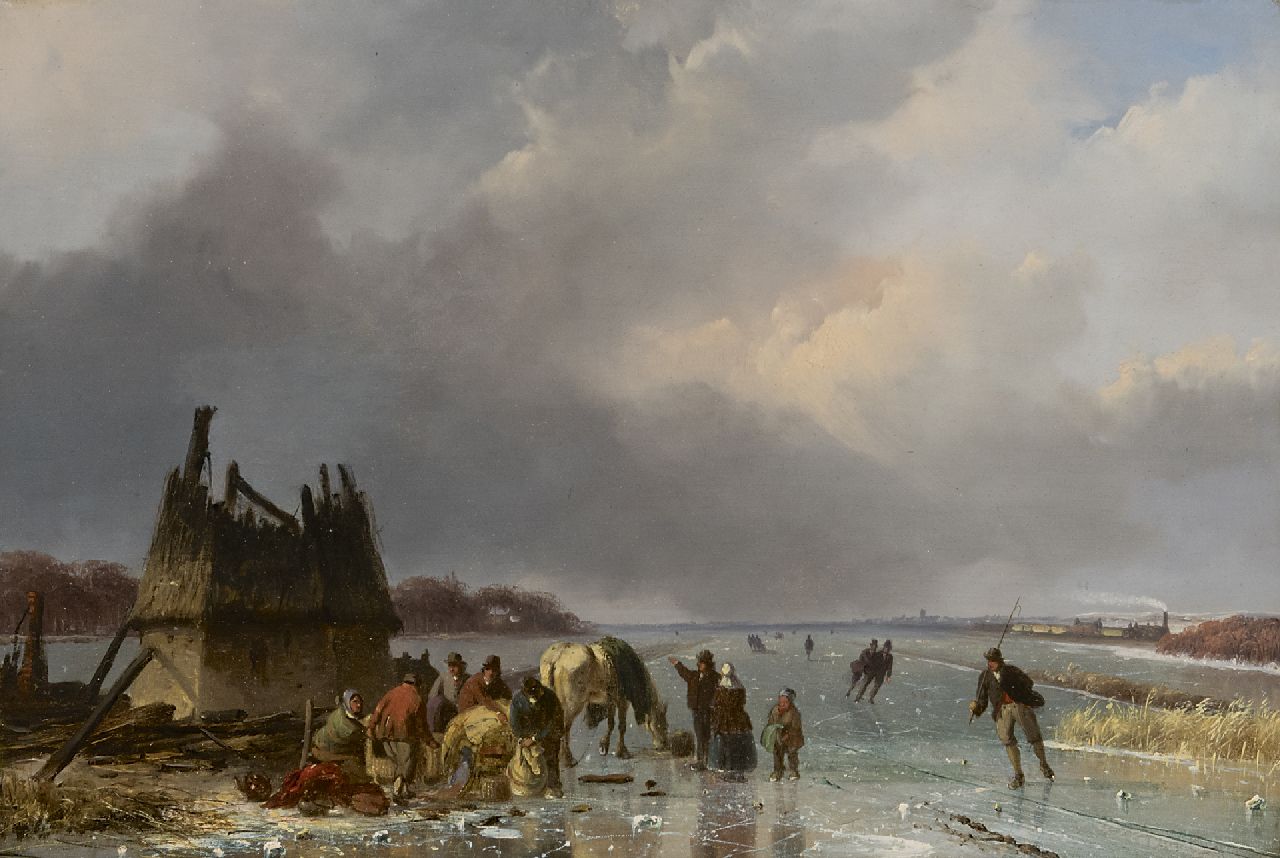 Roosenboom N.J.  | Nicolaas Johannes Roosenboom, A frozen river with skaters and a horse-drawn sledge, oil on panel 29.4 x 43.7 cm, signed l.r. and painted ca. 1850-1855