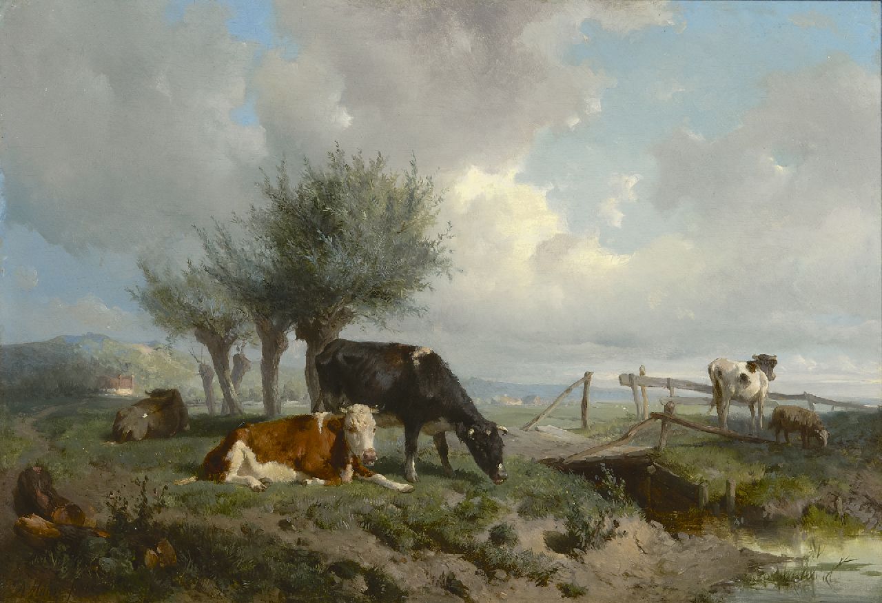 Mauve A.  | Anthonij 'Anton' Mauve, Cattle in a meadow, near Oosterbeek, oil on panel 30.3 x 43.9 cm, signed l.r. and dated 1866