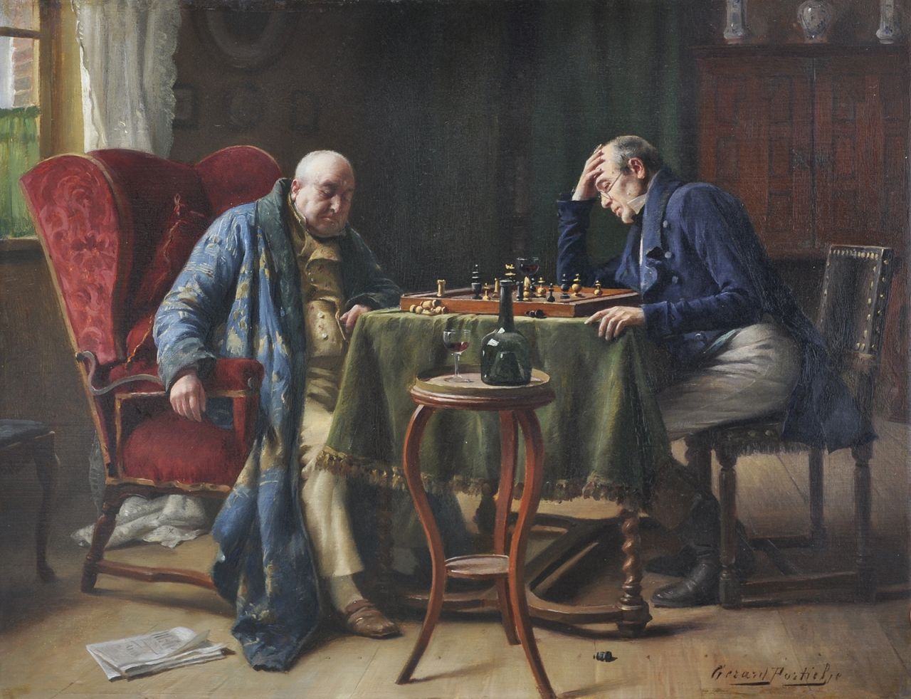 Portielje G.J.  | 'Gerard' Joseph Portielje, The chess game, oil on panel 37.3 x 46.0 cm, signed l.r.