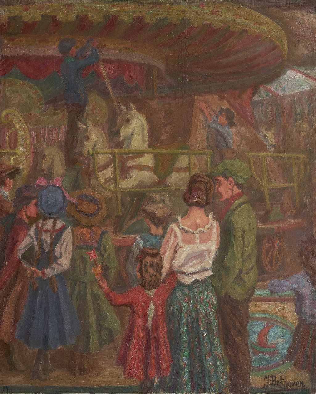 Bakhoven J.A.P.  | 'Jan' Alexander Paul Bakhoven | Paintings offered for sale | Assembling the carousel, oil on canvas 52.0 x 42.1 cm, signed l.r. and dated '37