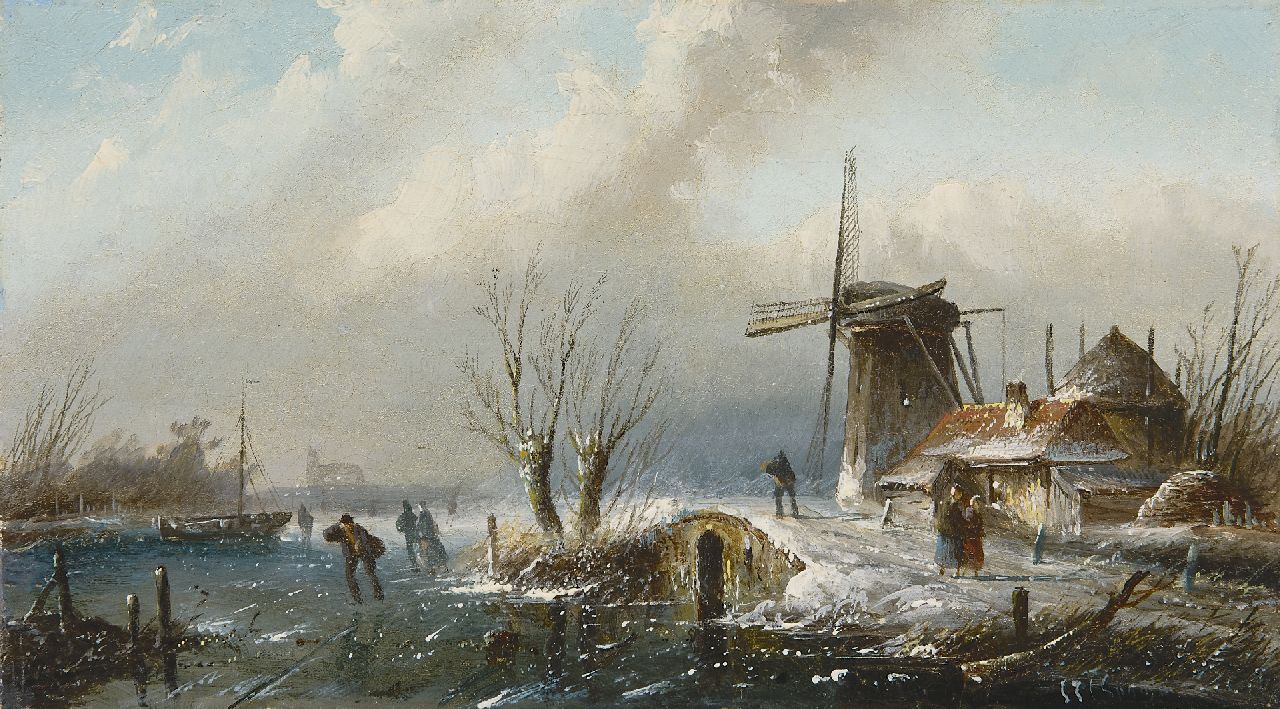 Spohler J.J.C.  | Jacob Jan Coenraad Spohler, A winter landscape with skaters, oil on canvas 18.3 x 32.5 cm, gesigneerd rechtsonder