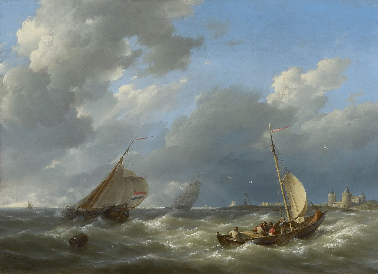 Koekkoek H.  | Hermanus Koekkoek, Shipping off the coast near the Muiderslot, oil on panel 29.5 x 40.7 cm, signed l.l. and dated 1842