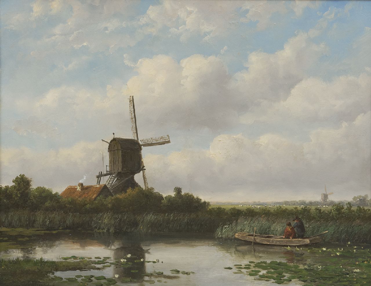 Wisselingh J.P. van | Johannes Pieter van Wisselingh, A windmill in a polder landscape, oil on panel 34.6 x 44.9 cm, signed l.l.