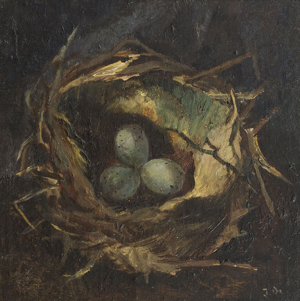 Bieruma Oosting A.J.W.  | Adriana Johanna Wilhelmina 'Jeanne' Bieruma Oosting, A bird's nest, oil on paper laid down on board 23.6 x 23.6 cm, signed l.r.