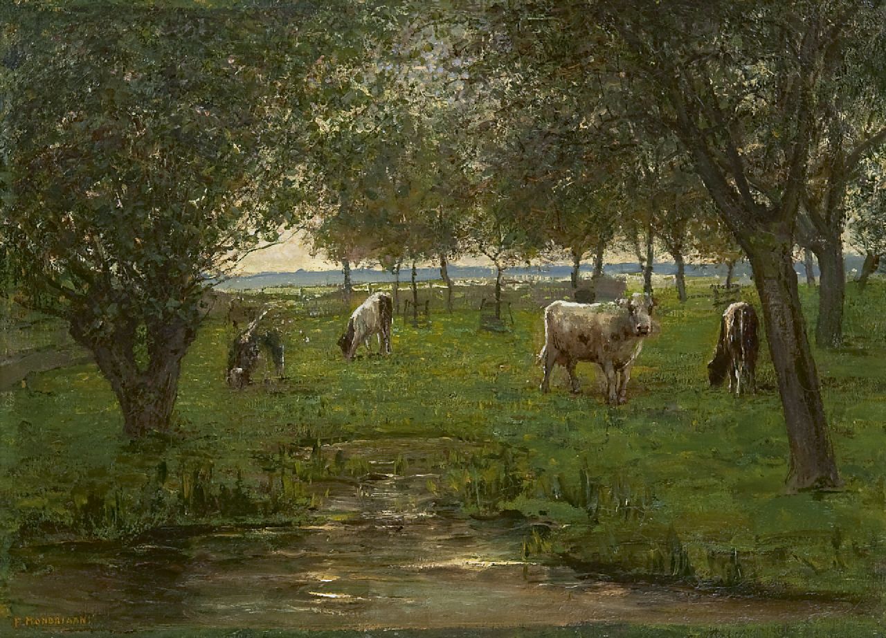 Mondriaan P.C.  | Pieter Cornelis 'Piet' Mondriaan, Cattle in an orchard, oil on canvas 50.2 x 69.3 cm, signed l.l. and painted 1902-1903