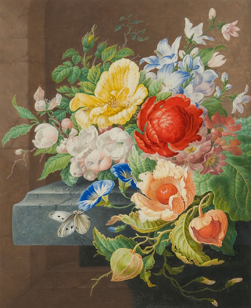 Henstenburgh H.  | Herman Henstenburgh | Watercolours and drawings offered for sale | Still life with flowers and a butterfly, watercolour on paper 31.0 x 25.5 cm, signed l.m. and te dateren ca. 1700