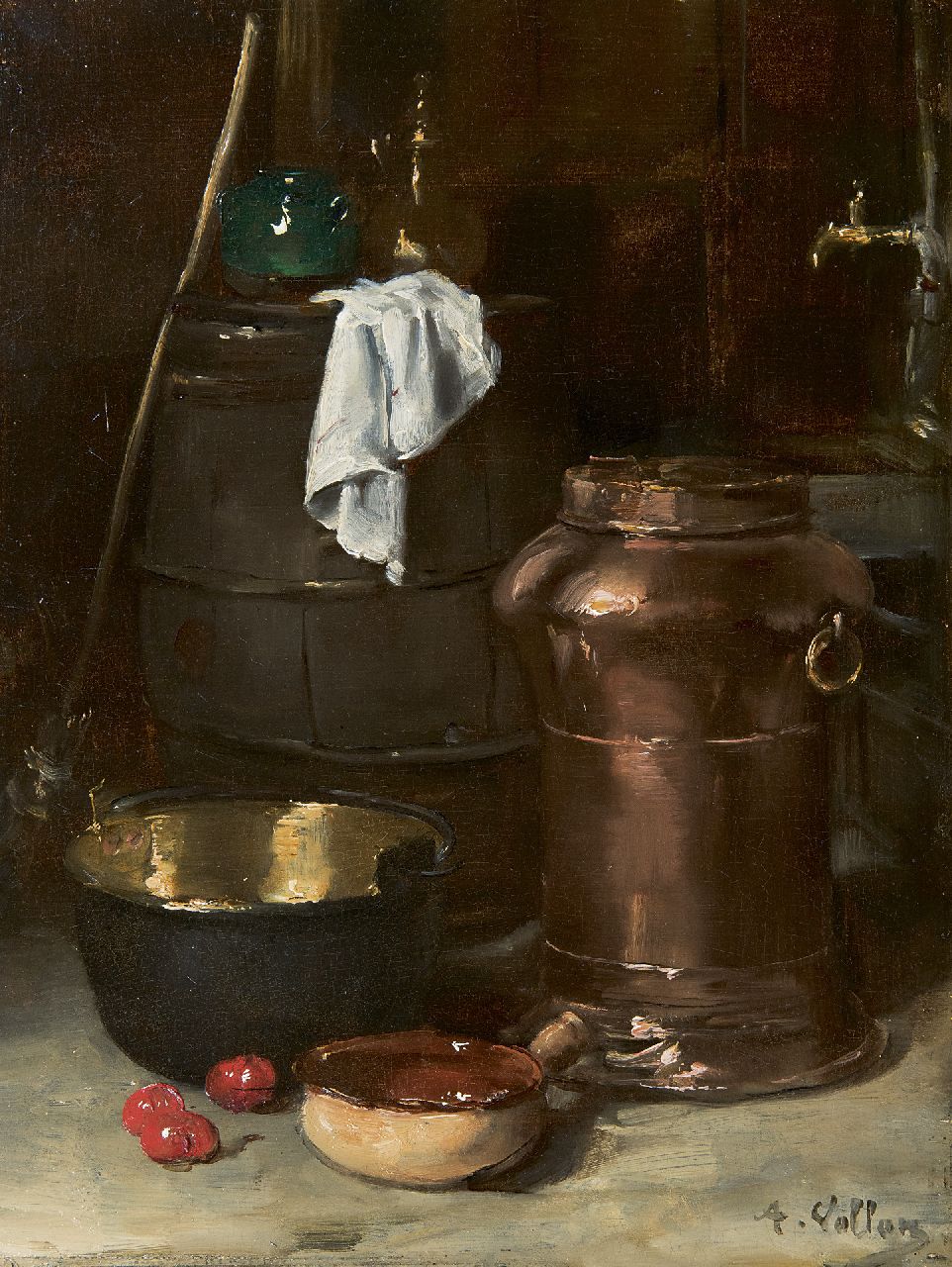 Vollon A.  | Antoine Vollon | Paintings offered for sale | Still life with a copper churn and brass pan, oil on panel 32.3 x 24.3 cm, signed l.r.