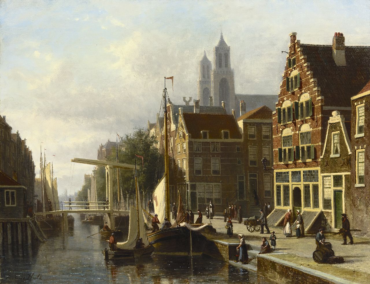 Hulk sr. J.F. | Johannes Frederik Hulk sr., Moored sailing vessels in a Dutch canal, oil on canvas 71.9 x 92.7 cm, signed l.l. Hulk sr. J.F. | Johannes Frederik Hulk sr., Moored sailing vessels in a Dutch canal, oil on canvas 71.9 x 92.7 cm, signed l.l.
