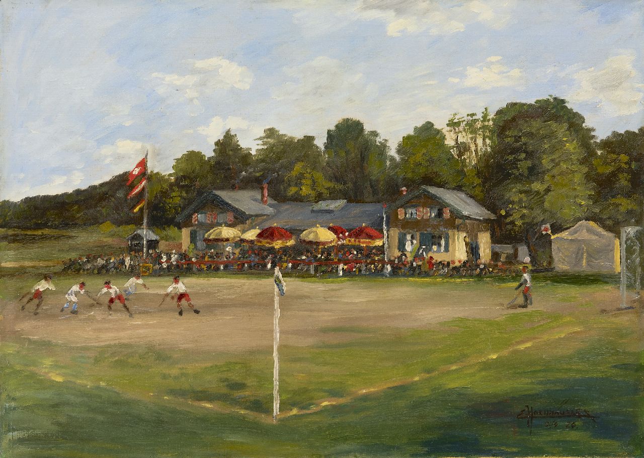 Hochhäusler E.  | Emil Hochhäusler, Field hockey game France-Switzerland in Frankfurt, oil on canvas 44.0 x 60.3 cm, signed l.r. and dated 5/4 '26