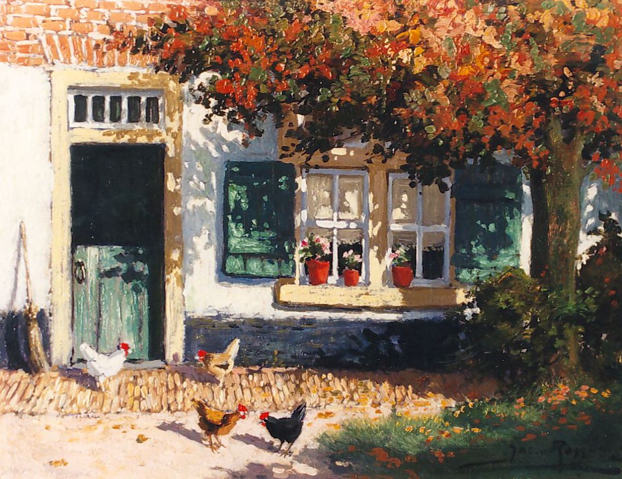 Rossum J.W. van | Jacobus Willem 'Jacob' van Rossum, A farmyard with chickens, oil on painter's cardboard 19.0 x 24.0 cm, signed l.r.