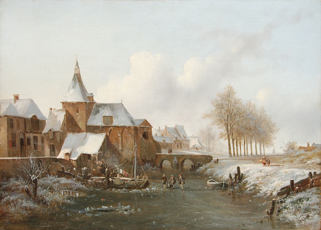 Westenberg G.P.  | George Pieter Westenberg | Paintings offered for sale | Country folk on a frozen canal outside the Lekpoort, Culemborg, oil on canvas 39.8 x 53.8 cm, signed l.l. and dated 1818