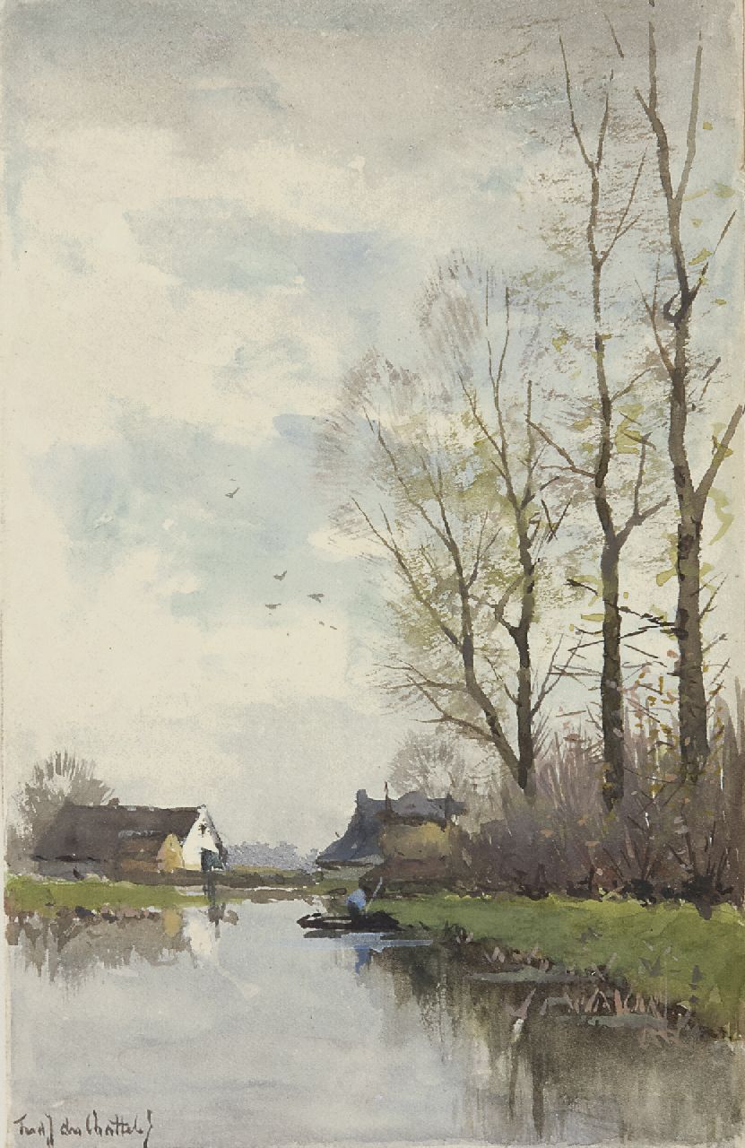 Rossum du Chattel F.J. van | Fredericus Jacobus van Rossum du Chattel, A polder landscape, watercolour on paper 17.1 x 11.0 cm, signed l.l.