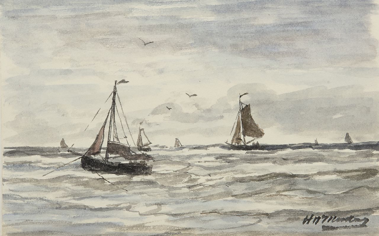 Mesdag H.W.  | Hendrik Willem Mesdag, Fishing boats in the surf, Scheveningen, watercolour on paper 13.2 x 21.0 cm, signed l.r.