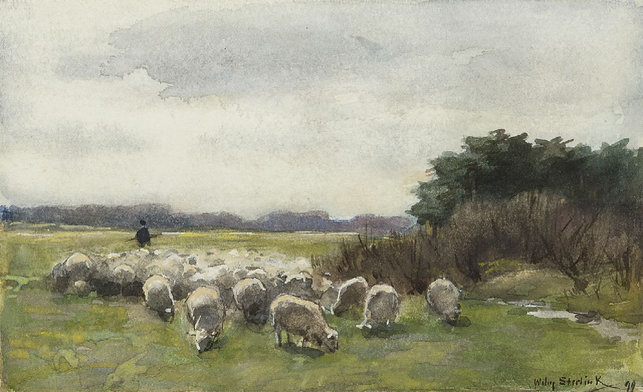 Steelink jr. W.  | Willem Steelink jr., A shepherd and his flock, watercolour on paper 10.1 x 16.5 cm, signed l.r. and dated '99