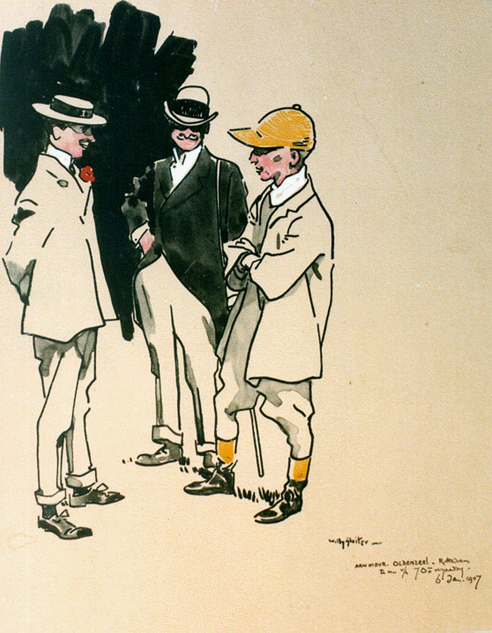 Sluiter J.W.  | Jan Willem 'Willy' Sluiter, Talking with the jockey, Indian ink on paper 26.5 x 20.8 cm, signed l.r. and executed on Jan. 6th 1907
