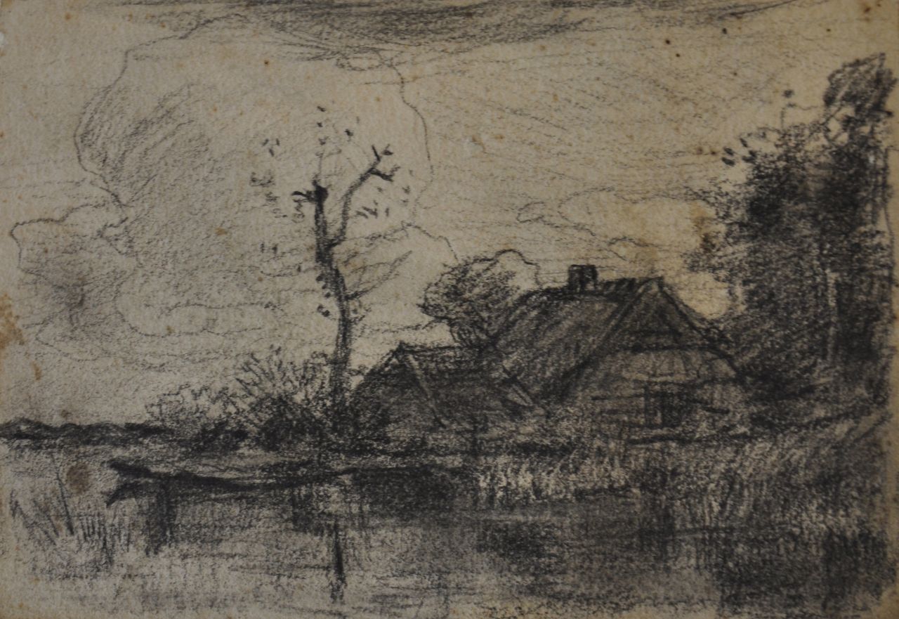 Tholen W.B.  | Willem Bastiaan Tholen | Watercolours and drawings offered for sale | Farmhouse in a polder landscape, charcoal on paper 10.1 x 15.1 cm