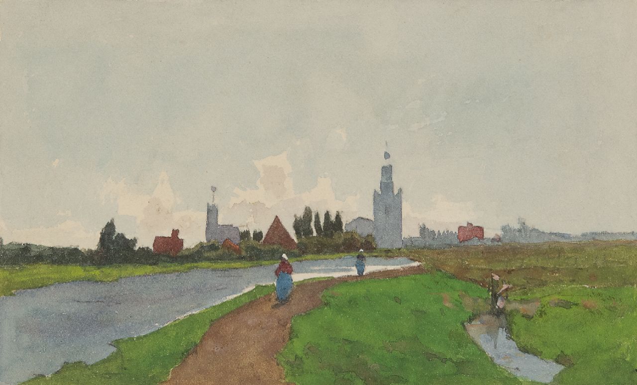 Marinus Gidding | Figures on a towpath, watercolour on paper, 9.9 x 16.3 cm