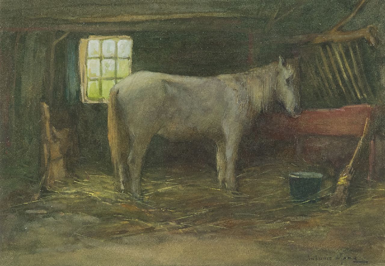Jong A.G. de | 'Antonie' Gerardus de Jong | Watercolours and drawings offered for sale | A grey in its stable, watercolour on paper 13.6 x 19.6 cm, signed l.r.