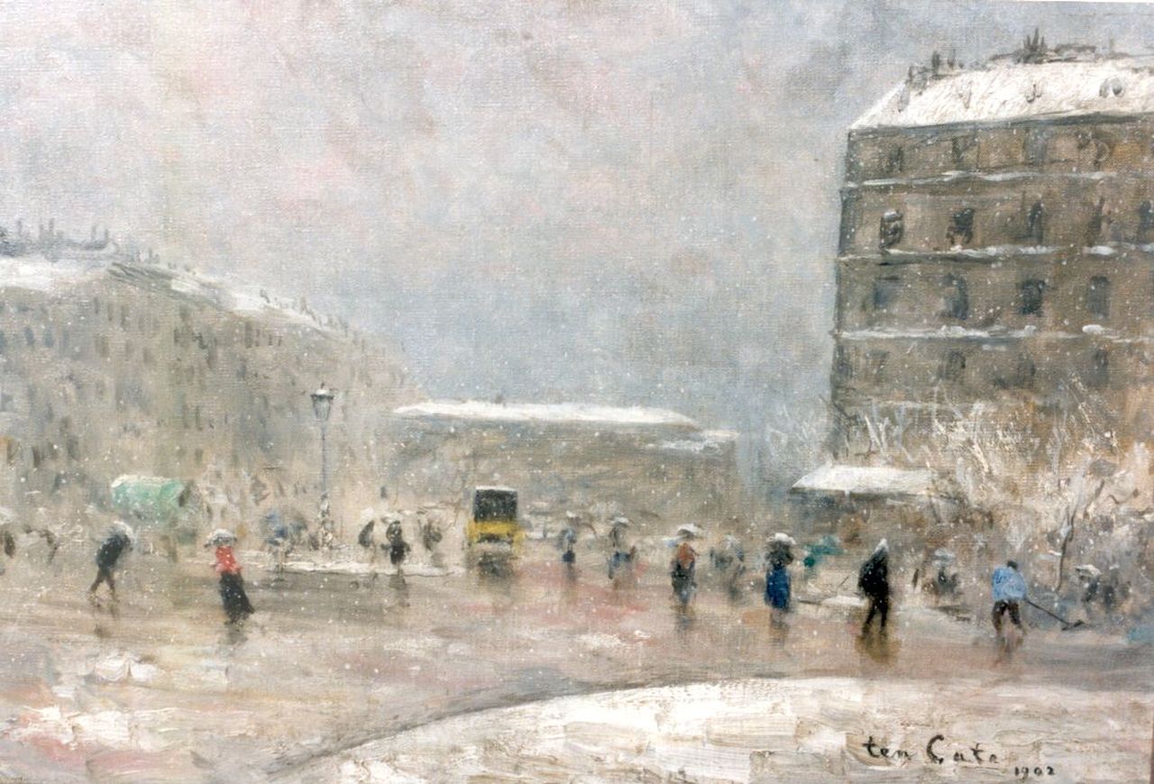 Cate S.J. ten | 'Siebe' Johannes ten Cate, A snow-covered street, Paris, oil on canvas 38.8 x 55.5 cm, signed l.r. and dated 1902