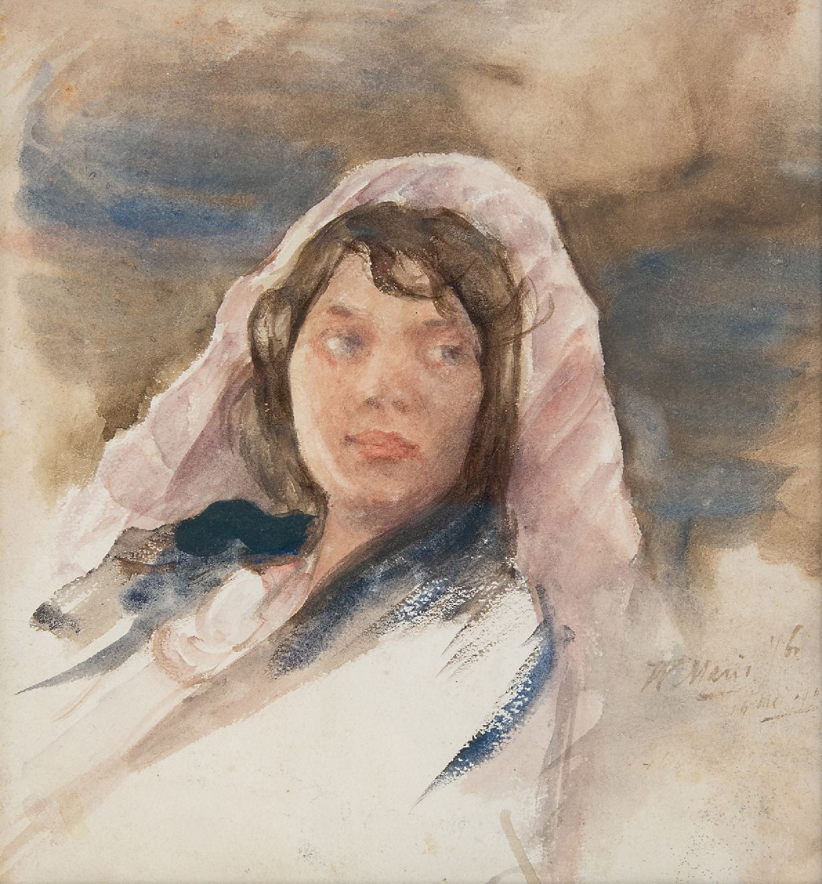 Maris W.M.  | 'Willem' Matthijs Maris | Watercolours and drawings offered for sale | Young woman in a cape, watercolour on paper 24.2 x 22.1 cm, signed l.r. and dated 16 mei 1903