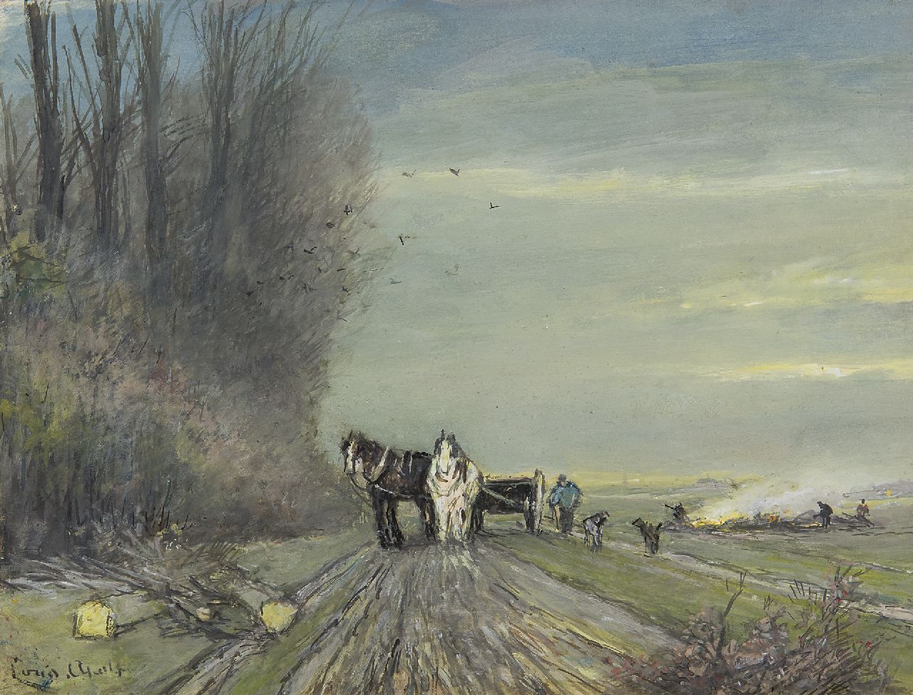 Apol L.F.H.  | Lodewijk Franciscus Hendrik 'Louis' Apol, A horse-drawn cart on a country road in winter, gouache on paper 18.0 x 23.2 cm, signed l.l.