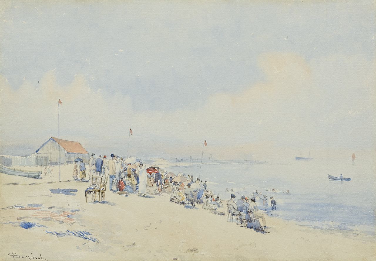 Sembach A.E.  | Auguste Ernest Sembach, Sunday on the beach on the coast of Belgium, watercolour on paper 27.6 x 39.1 cm, signed l.l.