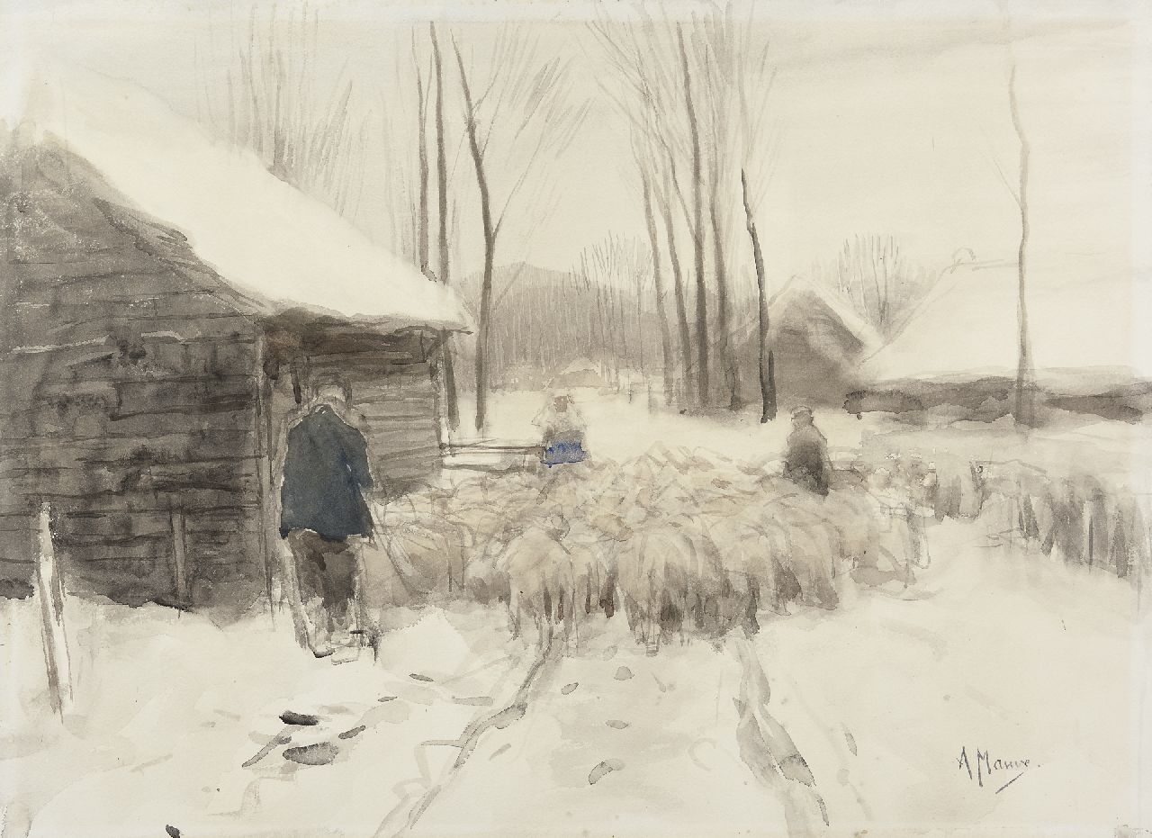 Mauve A.  | Anthonij 'Anton' Mauve, Snow in Laren, watercolour on paper 49.6 x 67.7 cm, signed l.r.