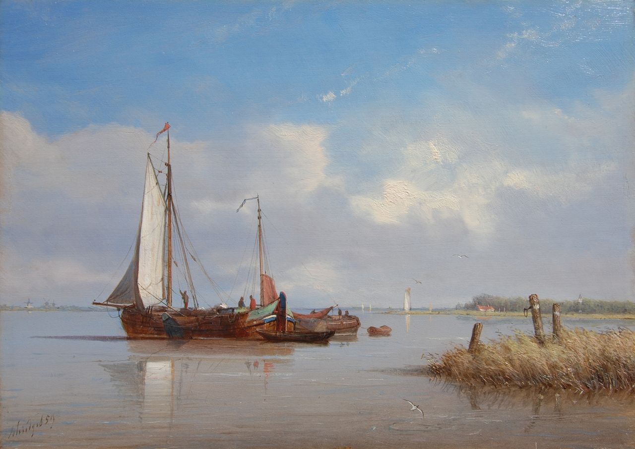 Schiedges P.P.  | Petrus Paulus Schiedges, Anchored in a calm, oil on panel 24.5 x 34.0 cm, signed l.l. and dated '59