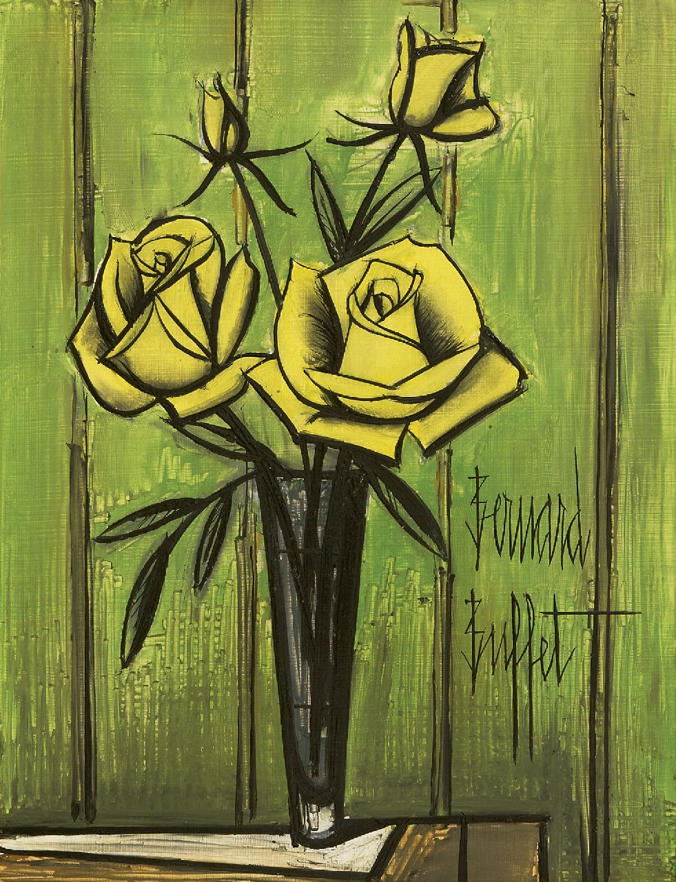 Bernard Buffet | Roses jaunes fond vert, oil on board, 34.9 x 27.0 cm, signed l.r. and painted late 1960s