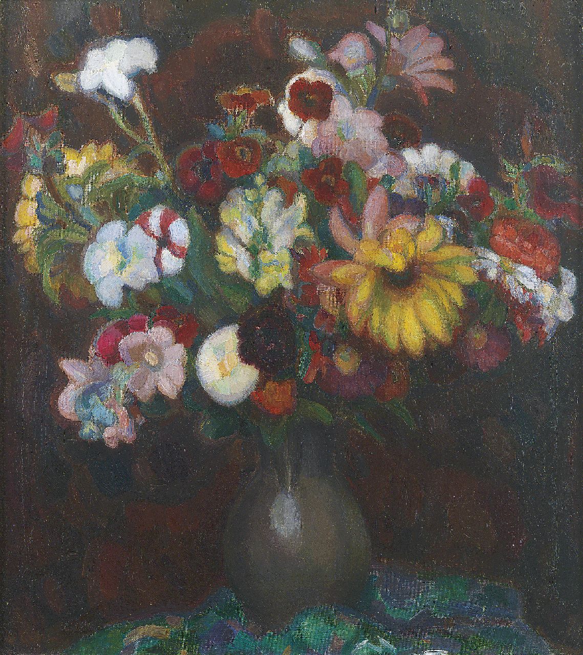 Gestel L.  | Leendert 'Leo' Gestel, Flowers in a tin jug, oil on canvas 70.5 x 63.0 cm, signed l.l. and painted in 1915-1917