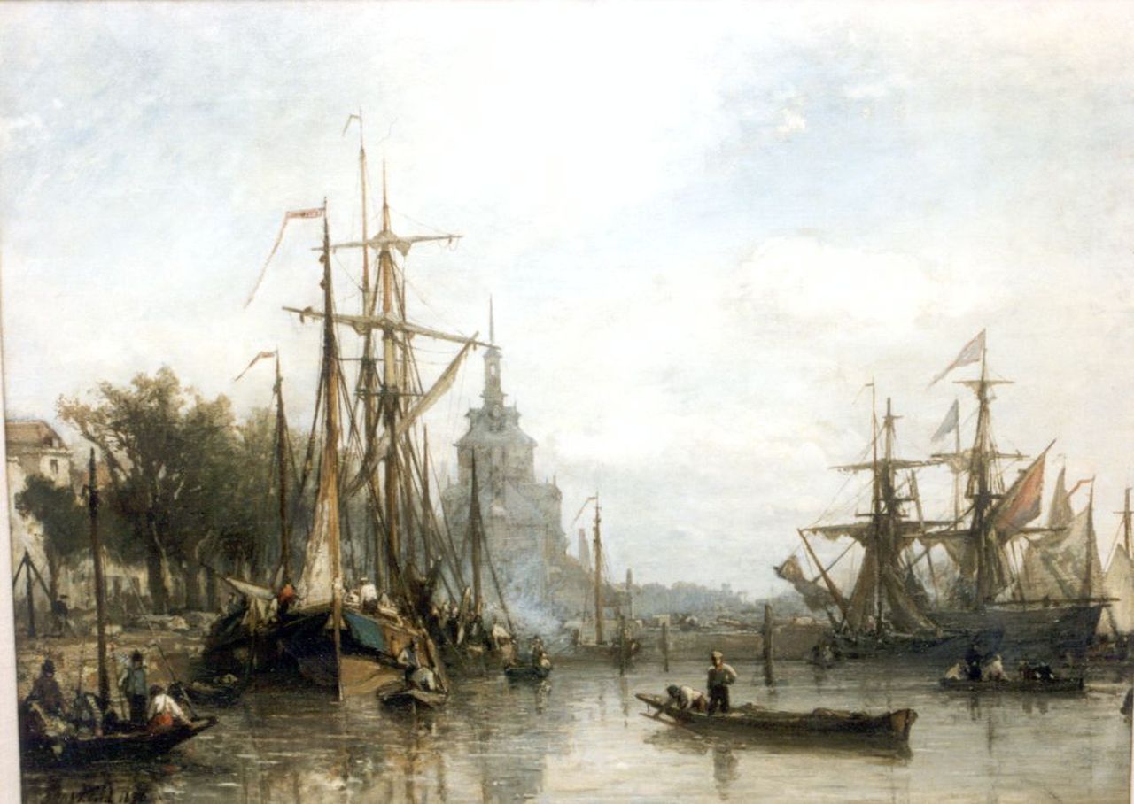 Jongkind J.B.  | Johan Barthold Jongkind, The harbour of Rotterdam, with the Oude Delftse Hoofdpoort beyond, oil on canvas 42.3 x 56.5 cm, signed l.l. and dated '56