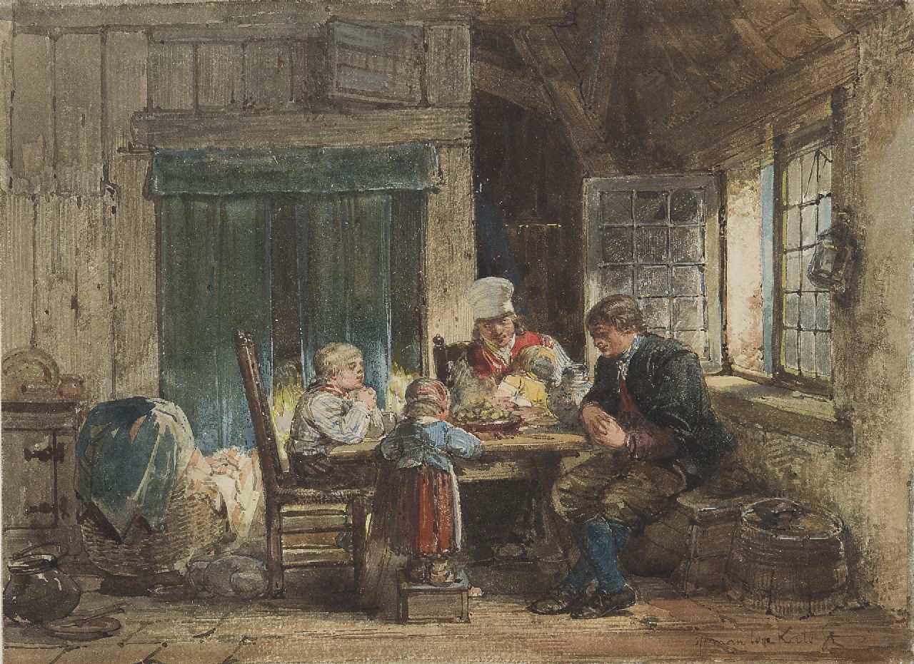 Kate H.F.C. ten | 'Herman' Frederik Carel ten Kate, A fishers family in prayer on the island of Marken, watercolour on paper 21.6 x 29.7 cm, signed l.r.