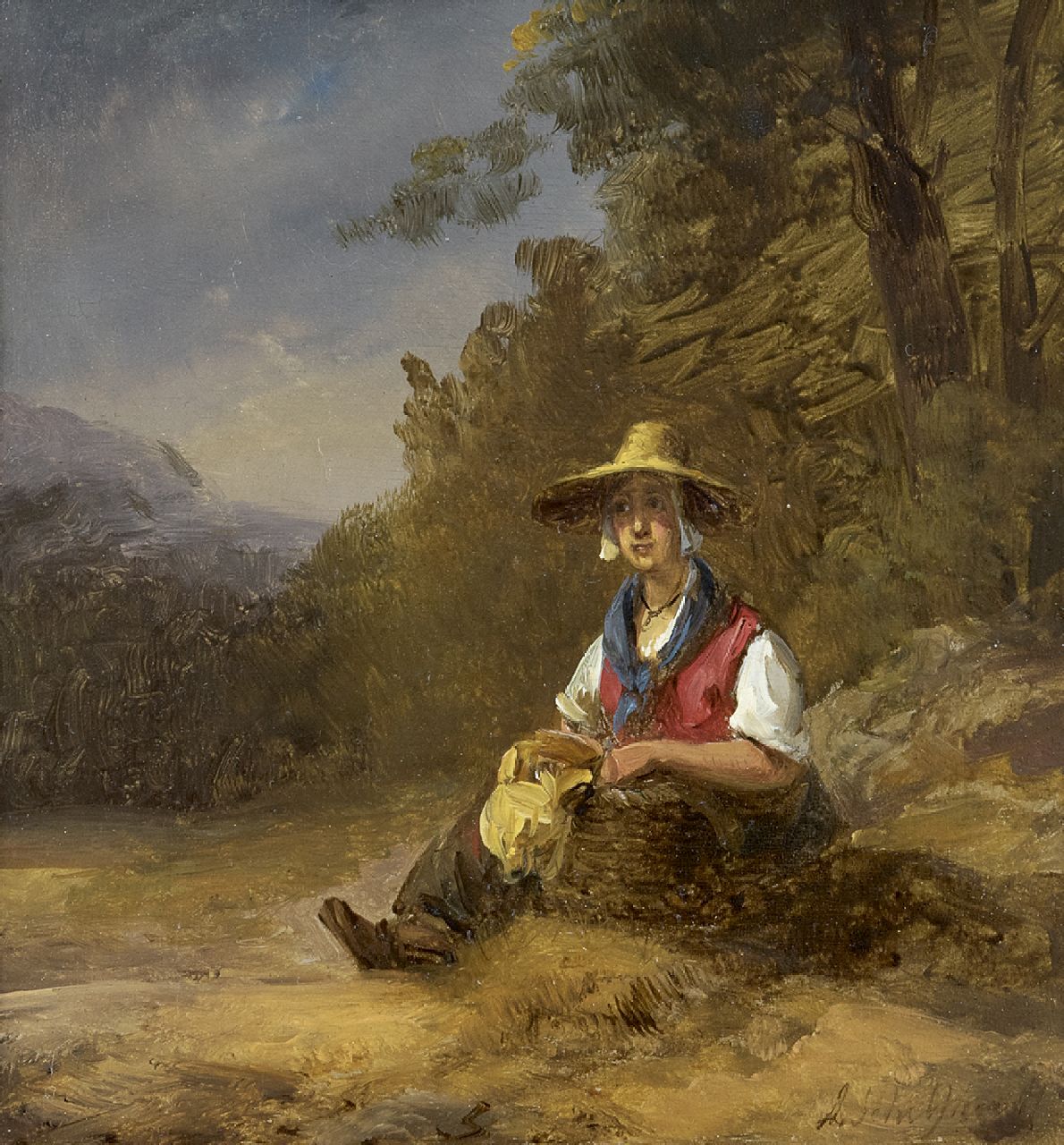 Schelfhout A.  | Andreas Schelfhout, A resting country woman, oil on panel 16.8 x 15.5 cm, signed l.r.