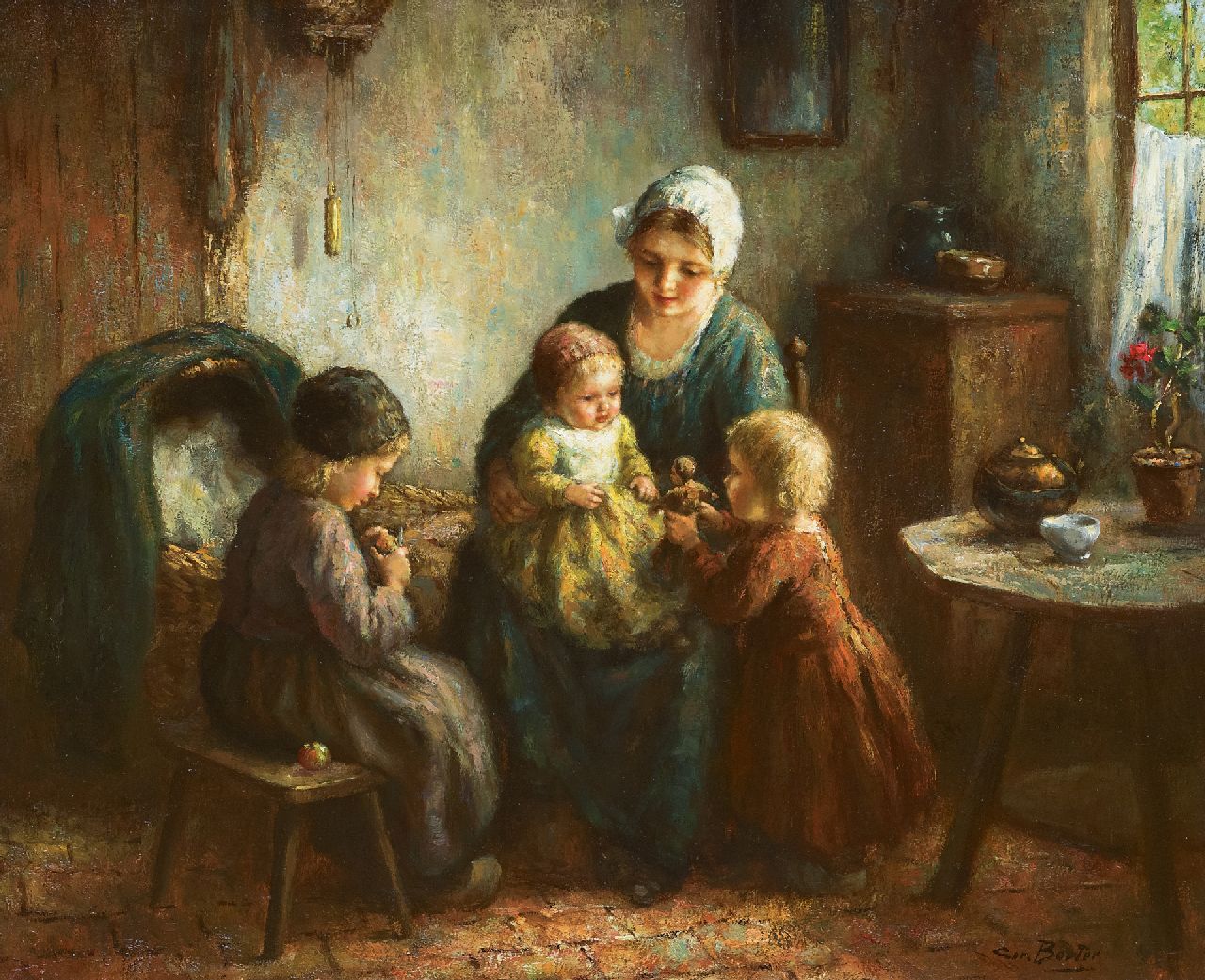 Bouter C.W.  | Cornelis Wouter 'Cor' Bouter, A young mother and her children, oil on canvas 50.8 x 60.5 cm, signed l.r.