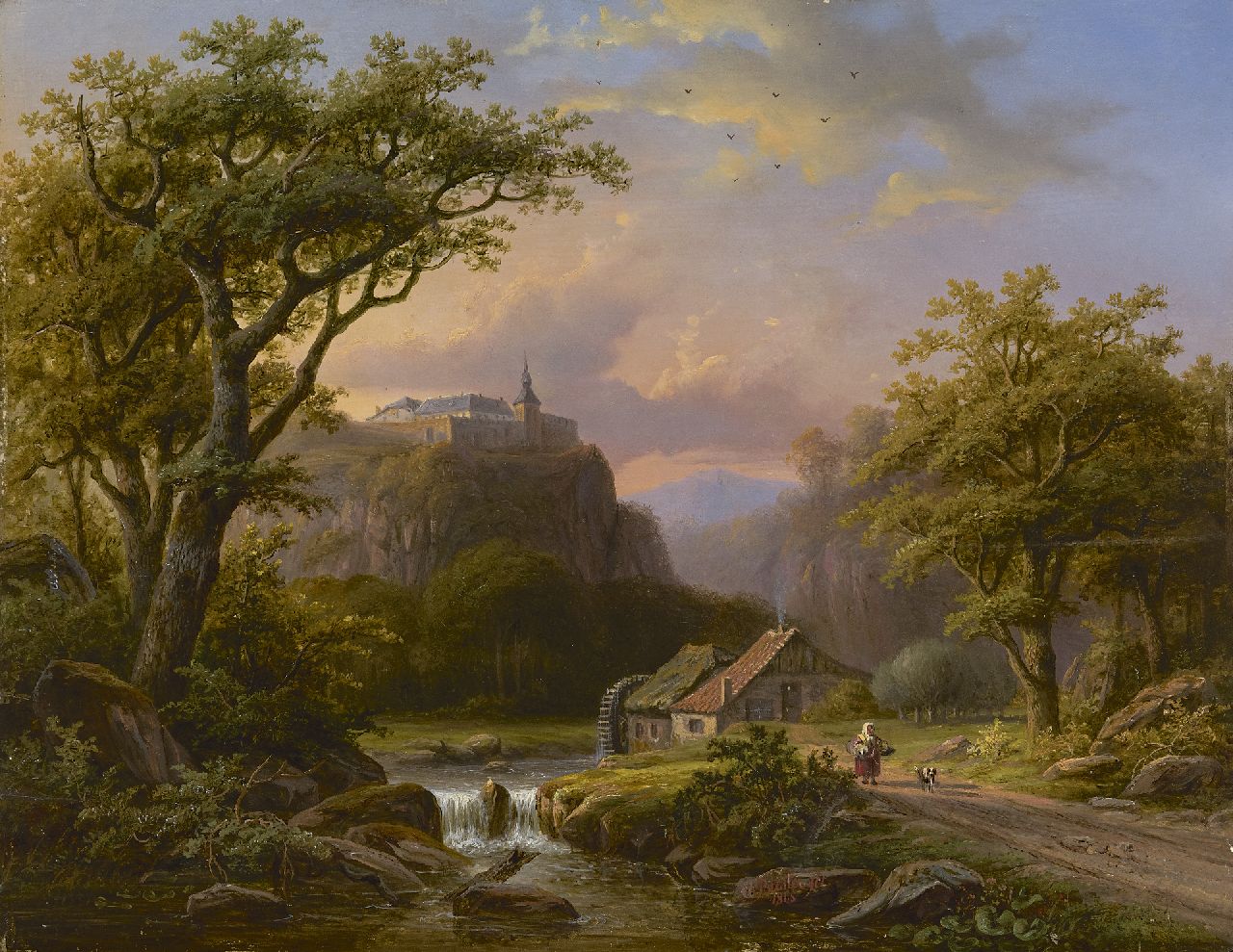 Biester A.  | Anthony Biester, A river valley with a watermill and castle, oil on panel 43.0 x 55.5 cm, signed l.c. and dated 1865